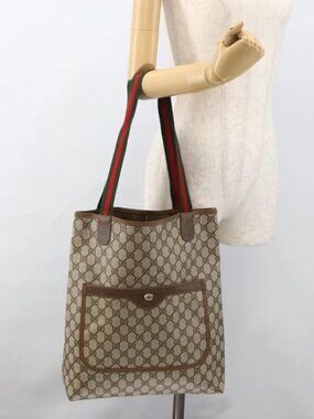GUCCI GG Supreme Web Sherry Line Tote Bag PVC Beige Gold 39 02 003 Auth BSZ150V